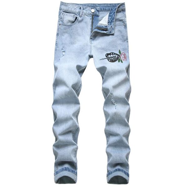 

men's jeans patterned casual fashion denim trousers men stretch torn embroidery, Blue
