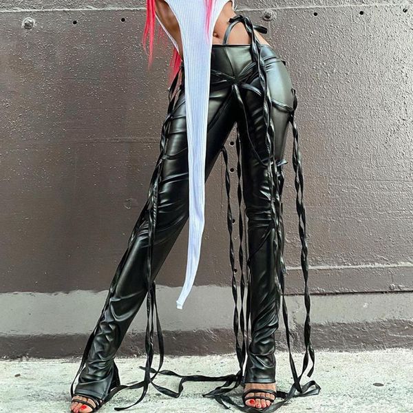 

women's pants & capris leather skinny criss cross high waist pencil trousers fashion fall cloth, Black;white