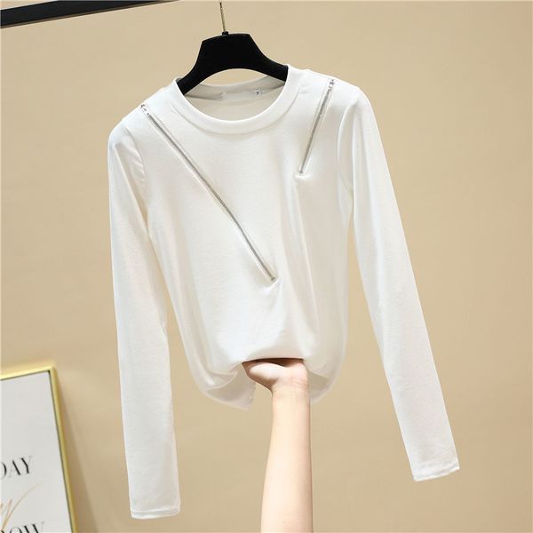 

spring new loose solid o neck full zipper t-shirt for women 210421, White