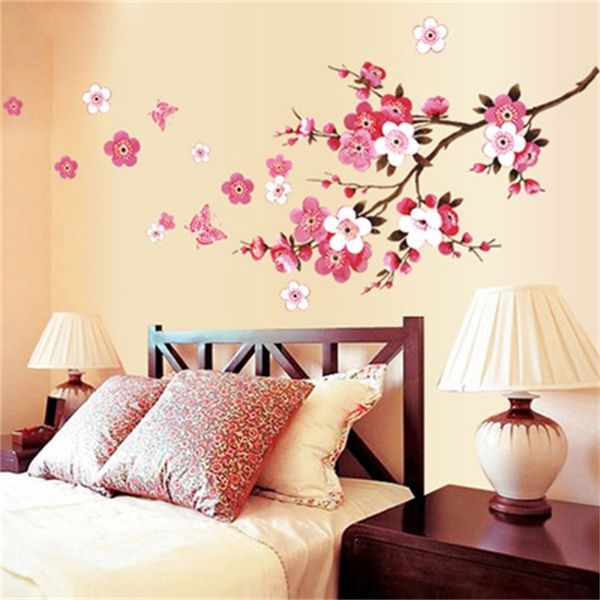 Adesivi fiori di pesco moda parete impostazione TV del salotto adesivi murali finestra della camera da letto 210420