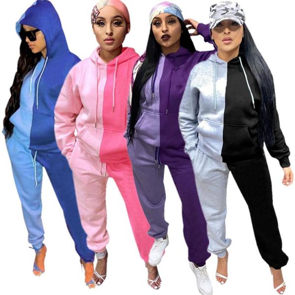 

zoctuo outfit set solid patchwork autumn winter two piece casual long sleeve hooded pullover pencil pants suit women's tracksuits, Gray