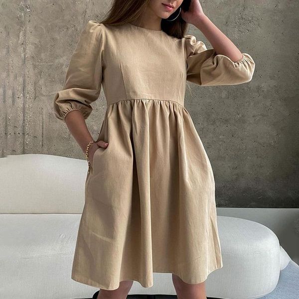 

fashion casual simple solid o neck dresses women elegant pockets knee length dress puff sleeve a line ladies, Black;gray