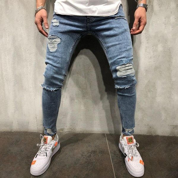 

men casual jeans hiphop denim pants knees holes ripped distressed bleached scratched tassel good qulaity, Blue