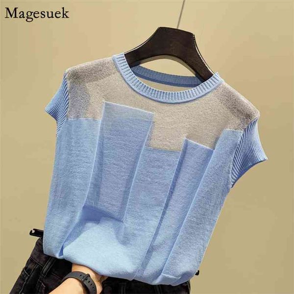 

patchwork silk knitted women blouse fashion o-neck short sleeve pullover for thin ladies s blusas 8796 210512, White