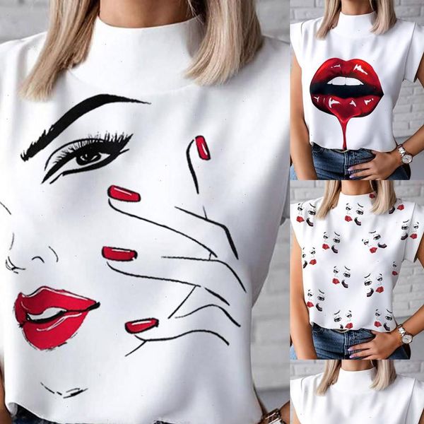 

h40 women shirts elegant lips print blouse summer casual stand neck pullovers ladies eye short sleeve blusa, White