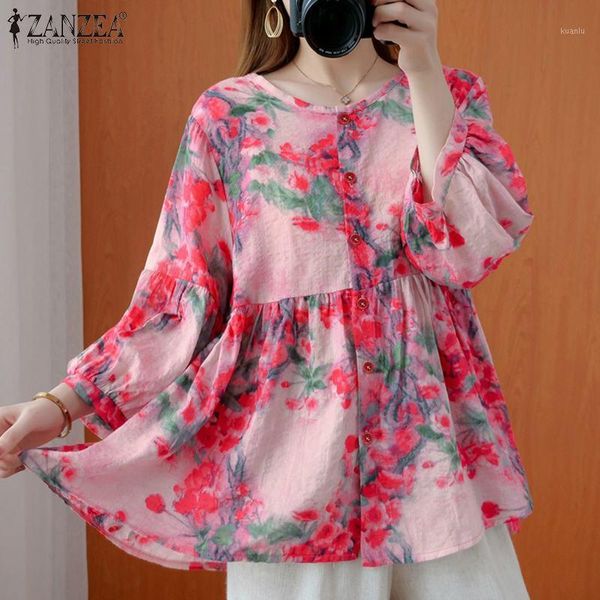 

women's blouses & shirts women's kaftan printed spring floral 2022 casual puff sleeve blusas female button tunic plus size chemis, White