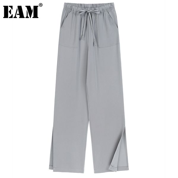 

[eam] high elastic waist gray hem slit long wide leg trousers loose fit pants women fashion spring summer 1dd8742 210512, Black;white