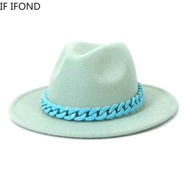 

wide brim hats 2022 women winter autumn wool fedora hat with candy colour thick chain band wedding party, Blue;gray