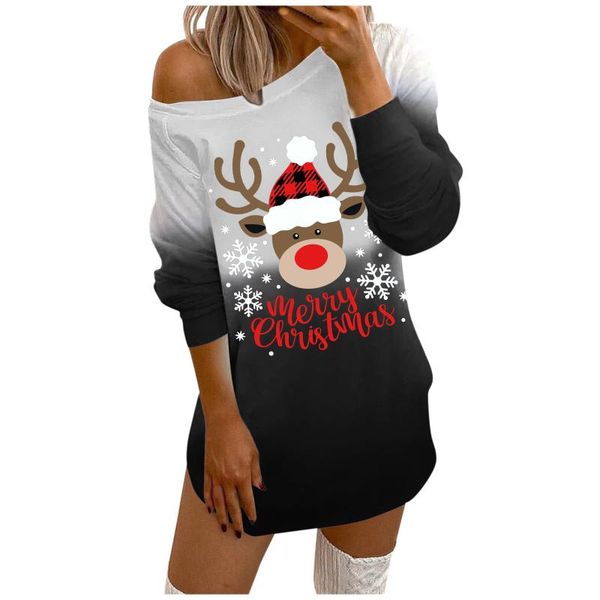 

casual dresses women christmas 2021 autumn winter fashion gradient elk deer print mini dress lady off shoulder sweatshirt, Black;gray