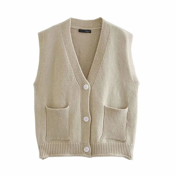 

women academic style simplicity sleeveless sweater female solid color v-neck pocket decorate cardigan chic 210520, White;black