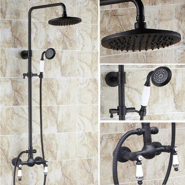 

black oil antique brass bathroom 8 inch round rainfall shower faucet set double ceramics levers mixer tap hand ars514 sets