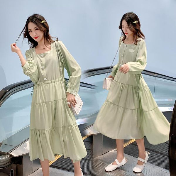 

maternity dresses 5038# clothes spring autumn square collar long sleeves adjustable loose stylish dress for pregnant women mom, White