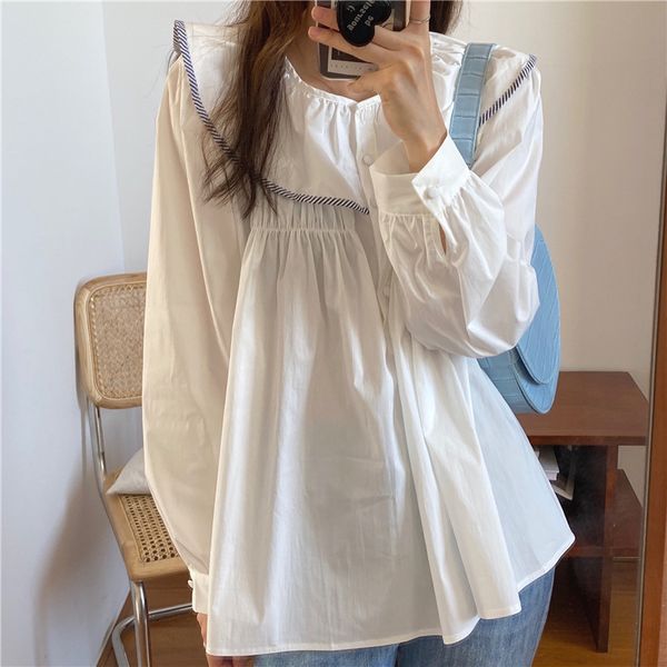 

blouses autumn sweet korean loose retro long sleeve shirts women big lapel gentle lovely dingle breasted blouses, White