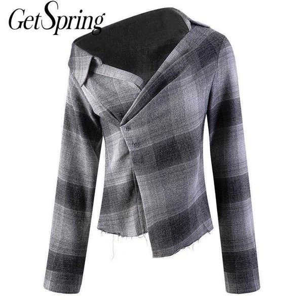 

getspring women blouse plaid shirts skew collar asymmetric ladies retro woman shirt irregular vintage blouses 210601, White