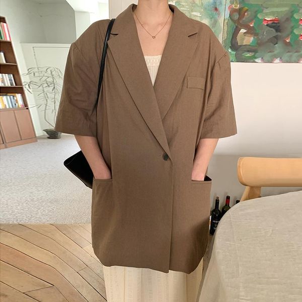 

women's jackets women jacket 2021 summer korean chic ladies simple loose lapel one-button shoulder pad short-sleeved suit coats, Black;brown