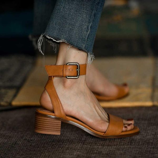 

sandals one line women's thick heel 2021 brown middle open toe shoes, Black