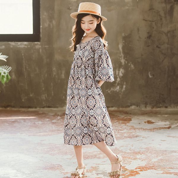 

Teenage Girls O-Neck Loose Casual Lantern Sleeve Dress Chic Retro Print Kid Dresses Summer Fashion New High Waist Vestidos 3-13Y, Blue