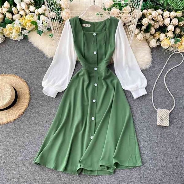 

retro square collar dress women fashion single breasted elegant high waist slim long sleeve a- line vestidos n645 210527, Black;gray