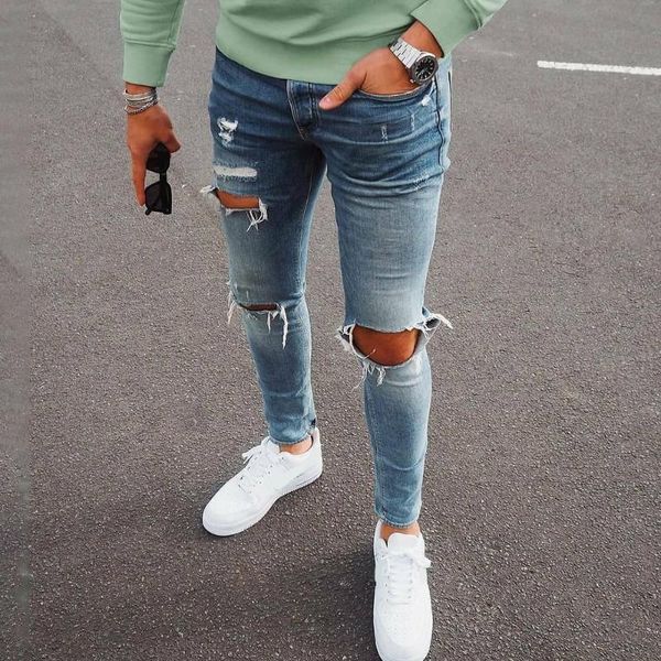 

men's jeans men's fashion casual sports long pants mens plus size solid color trousers joggers 2021 autumn male ripped, Blue