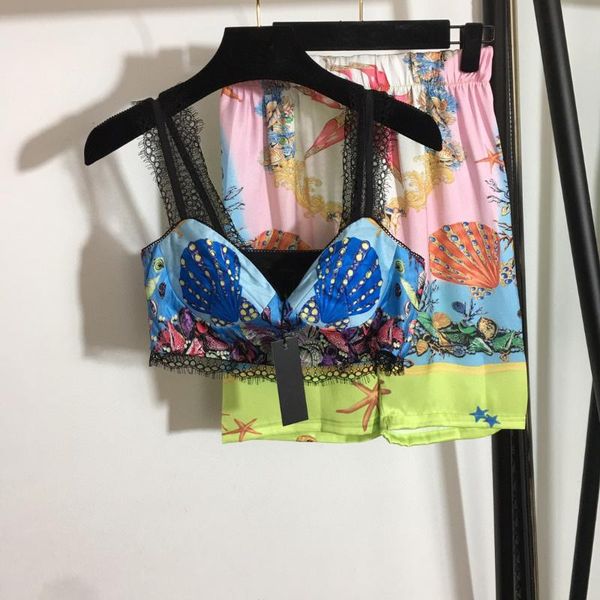 

luxury summer women seashells sea creatures camis crop +starfish print shorts 2pcs set women's tracksuits, Gray
