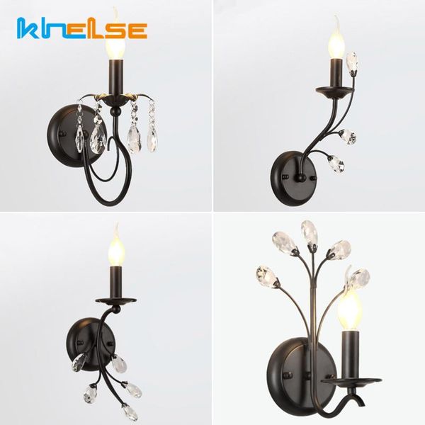 

wall lamp vintage loft led candle e14 black iron retro crystal decor sconce indoor living room stair bedside bedroom lights