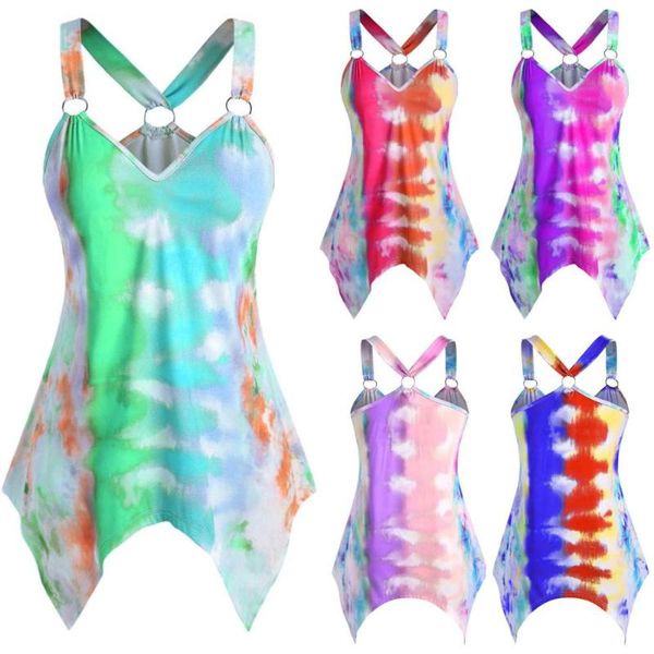 

women's tanks & camis plus size 5xl tank women 2021 fashion tie-dye handkerchief vest deep v-neck sleeveless irregular ropa mu, White