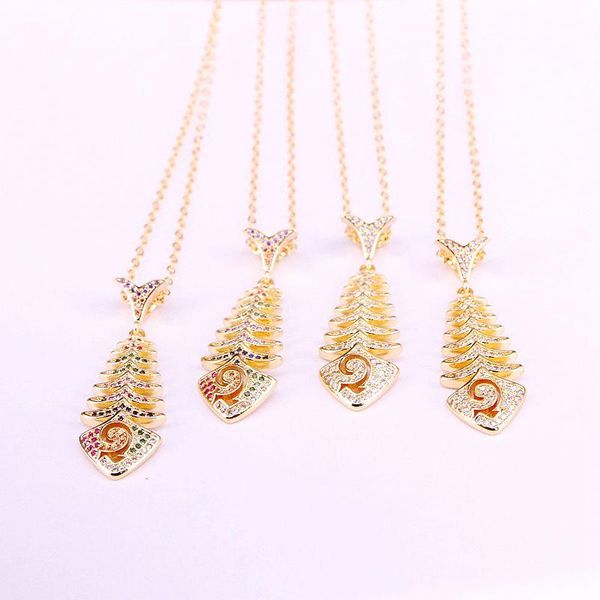 

pendant necklaces 10pcs, 14*42mm, gold color clear/ rainbow cubic zirconia fish bone cz micro pave necklace charm statement jewelry, Silver