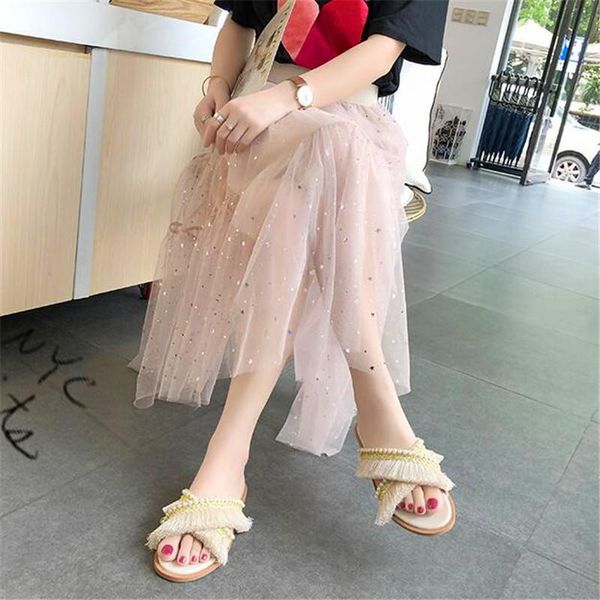 

slippers 2021 summer fashion beach tassel flat wear outside versatile word pearl female sandals and, Black