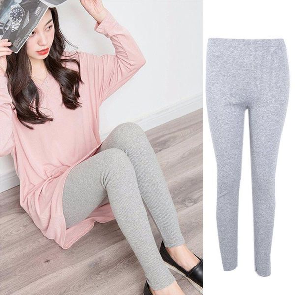 

womens autumn warm ankle length leggings cotton ribbed knit striped elastic tights plain solid color basic bottom skinny pants women's, Black