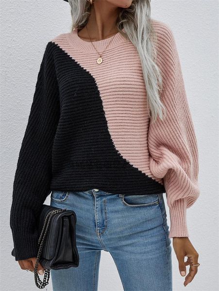 

women's sweaters 2021 autumn winter batwing sleeve spliced o-neck knitted pullovers sweater women donsignet, White;black