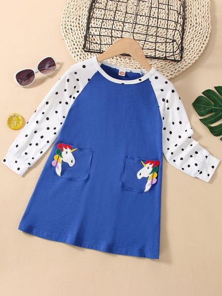 

toddler girls unicorn embroidery polka dot print raglan sleeve dress she, Red;yellow