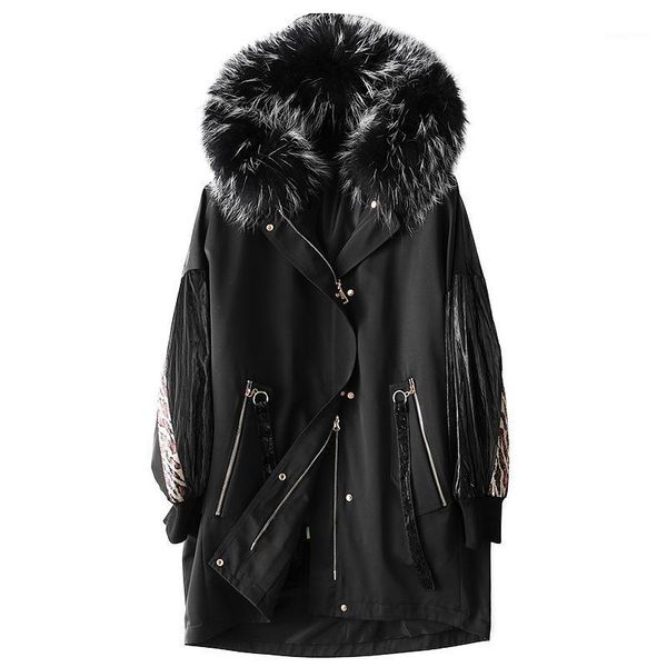 

women's fur & faux hooded inner liner raccoon dog collar parka overcoat women coat long warm female winter windproof jacket, Black