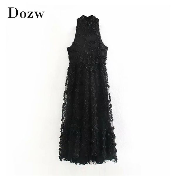 Elegante donna senza maniche floreale abito da festa in pizzo maglia stand collo vintage lungo femminile colore nero moda signora maxi es 210515