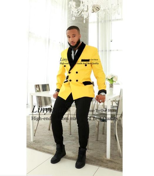 

double breasted men suits yellow and black groom tuxedos shawl lapel groomsmen wedding man 2 pieces ( jacket+pants ) men's & blazers, White;black