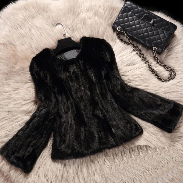 

natural jackets women o neck short design real coats outerwear 2021 autumn winter collection women's & faux fur, Black