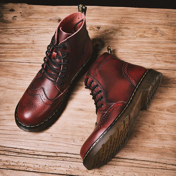 

autumn winter retro red brogues boots men soft leather pvc sole men brogue shoes casual comfortable warm fur ankle boots for men