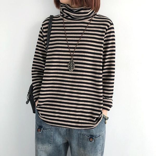 

women's t-shirt vintage cotton women t-shirts spring 2021 turtleneck long-sleeved striped casual all match female pulls tees, White