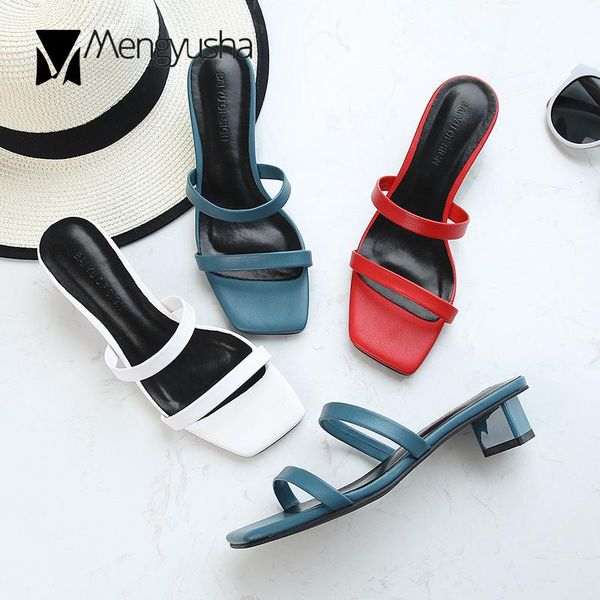 

slippers two leather band strange heels women soft square open toe flip flops narrow beach slides shoes woman c934, Black