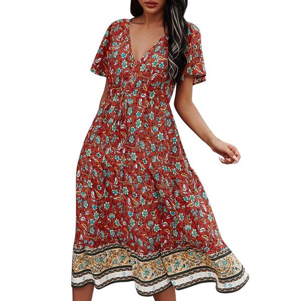 

casual dresses 2021 floral print summer dress women v neck bohemian short sleeve for woman fashion d30, Black;gray