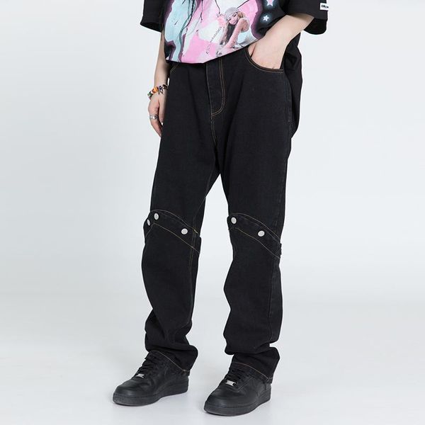 

men's jeans harajuku knee button detachable washed denim trousers mens ripped retro oversize black pants baggy casual track, Blue