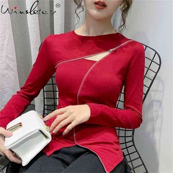 

long sleeve basic t-shirt women spring/fall streetwear cut-out hollow out cotton tshirt girls tees with zip t07611b 210406, White