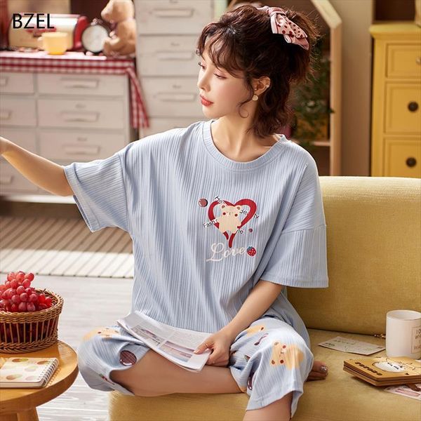

cute pajamas cotton pyjamas women sleepwear knee length cartoon print pijamas summer home clothes plus size, Black;red