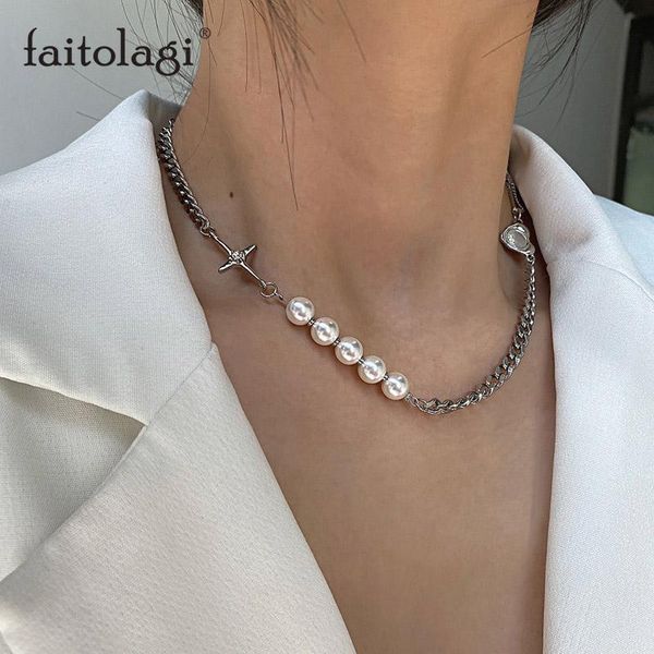 

chains silver color pearl necklace for women goth beads clavicle collar chain girls vintage punk korean fashion ladies choker jewelry