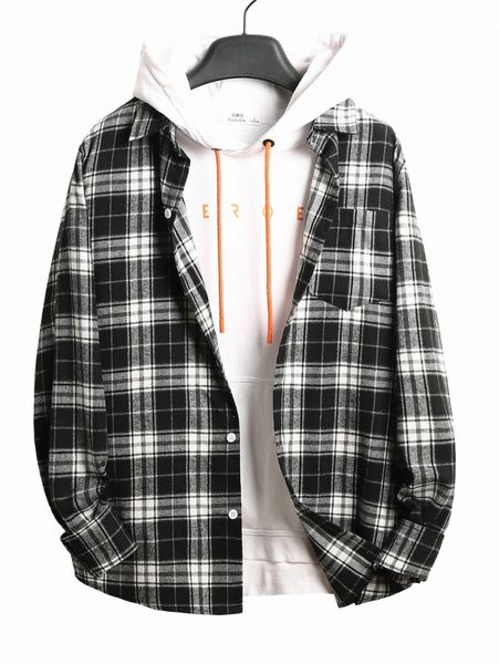 

men plaid patched pocket shirt without hoodie s4ll#, White;black
