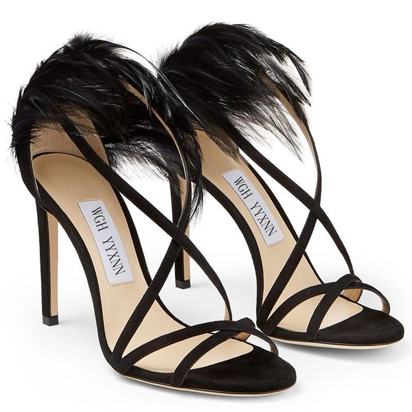 

dress shoes summer feather stiletto high heels all-match black suede one word sandals banquet large size women's