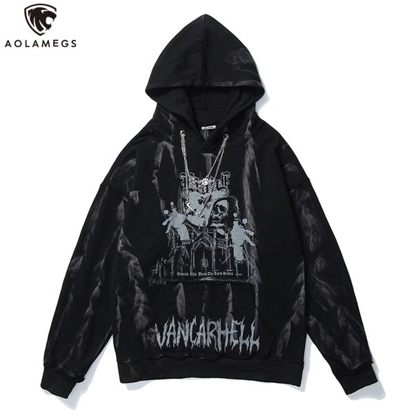 AOLAMEGS Erkekler Hip Hop Hoodie Kazak Gotik Korku Kafatası Baskı Punk Zincir Yüksek Street Hipster Baggy Kapüşonlu Kazak Streetwear 210720