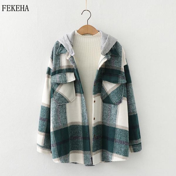 

women's jackets woolen coat women plaid shirts long sleeve hoodies two pockets loose female clothes spring autumn s, Black;brown