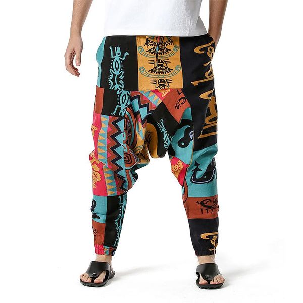 

men's pants ethnic men harem print retro drop crotch joggers trousers baggy loose nepal style cotton casual hip, Black