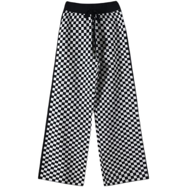 

women's pants & capris plaid knit wide leg black and white elastic high waist loose casual, Black;white