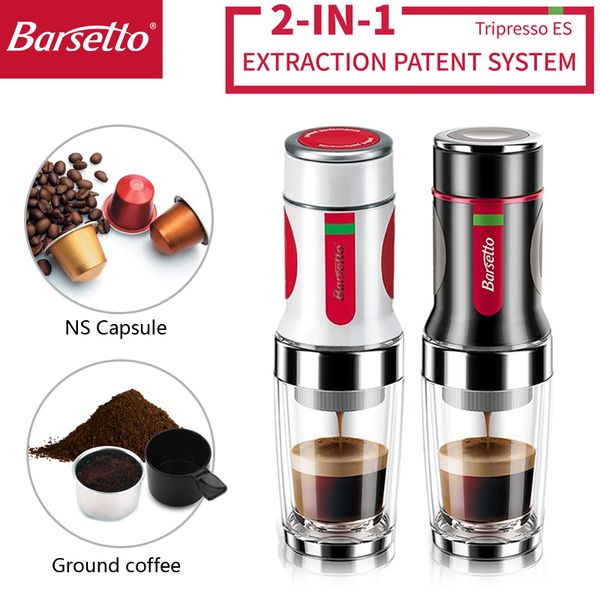 

barsetto tripresso portable coffee maker espresso machine hand press capsule ground coffee brewer portable for travel and picnic